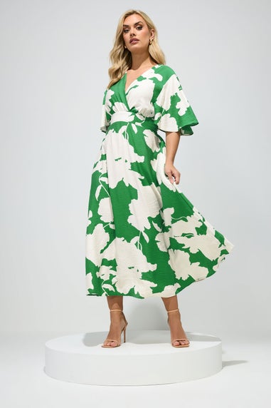 Yours London Curve Green Floral Linen Look Wrap Dress