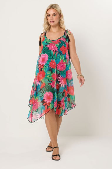 Yours Curve Green & Red Tropical Print Hanky Hem Dress