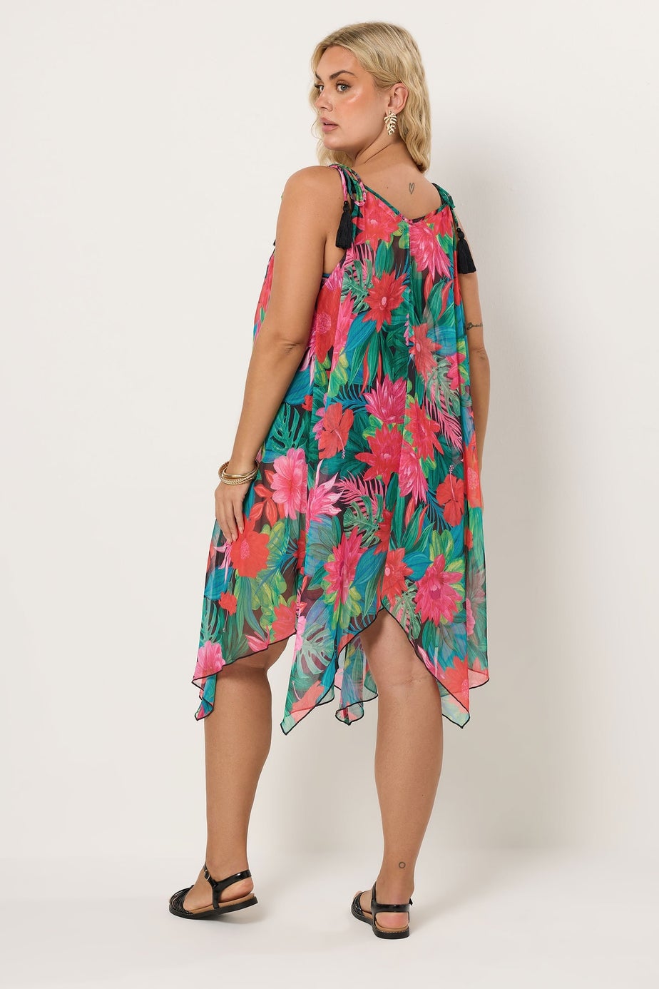 Yours Curve Green & Red Tropical Print Hanky Hem Dress