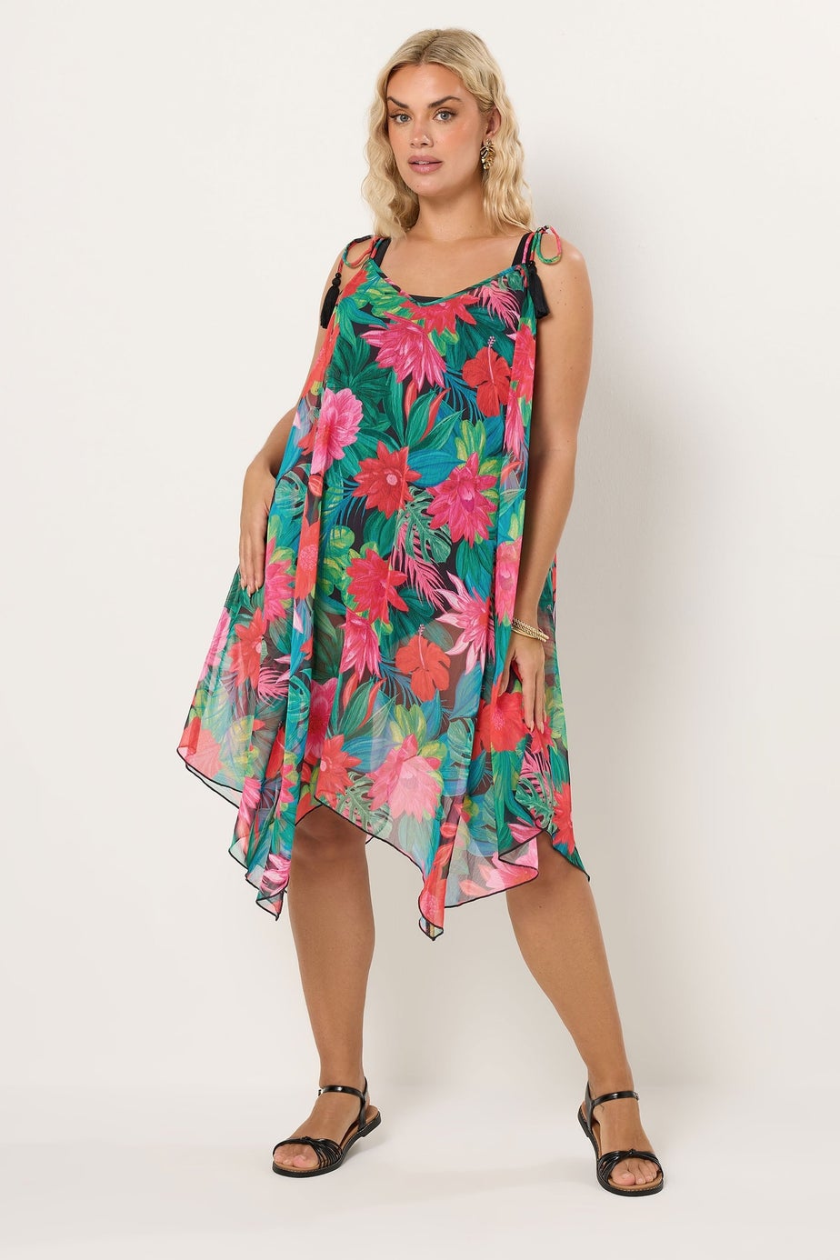 Yours Curve Green & Red Tropical Print Hanky Hem Dress