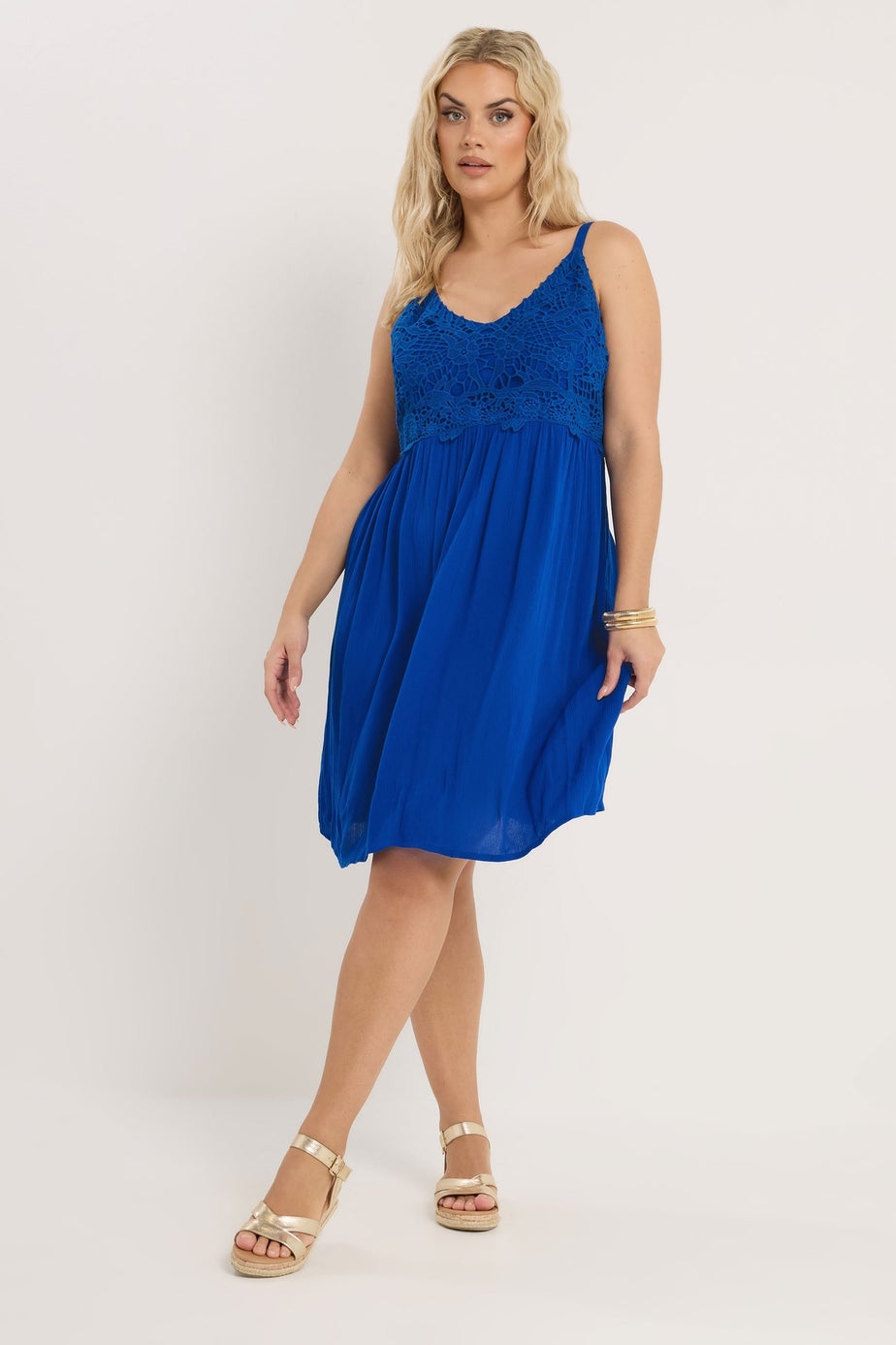 Yours Curve Cobalt Blue Crochet Crinkle Mini Dress
