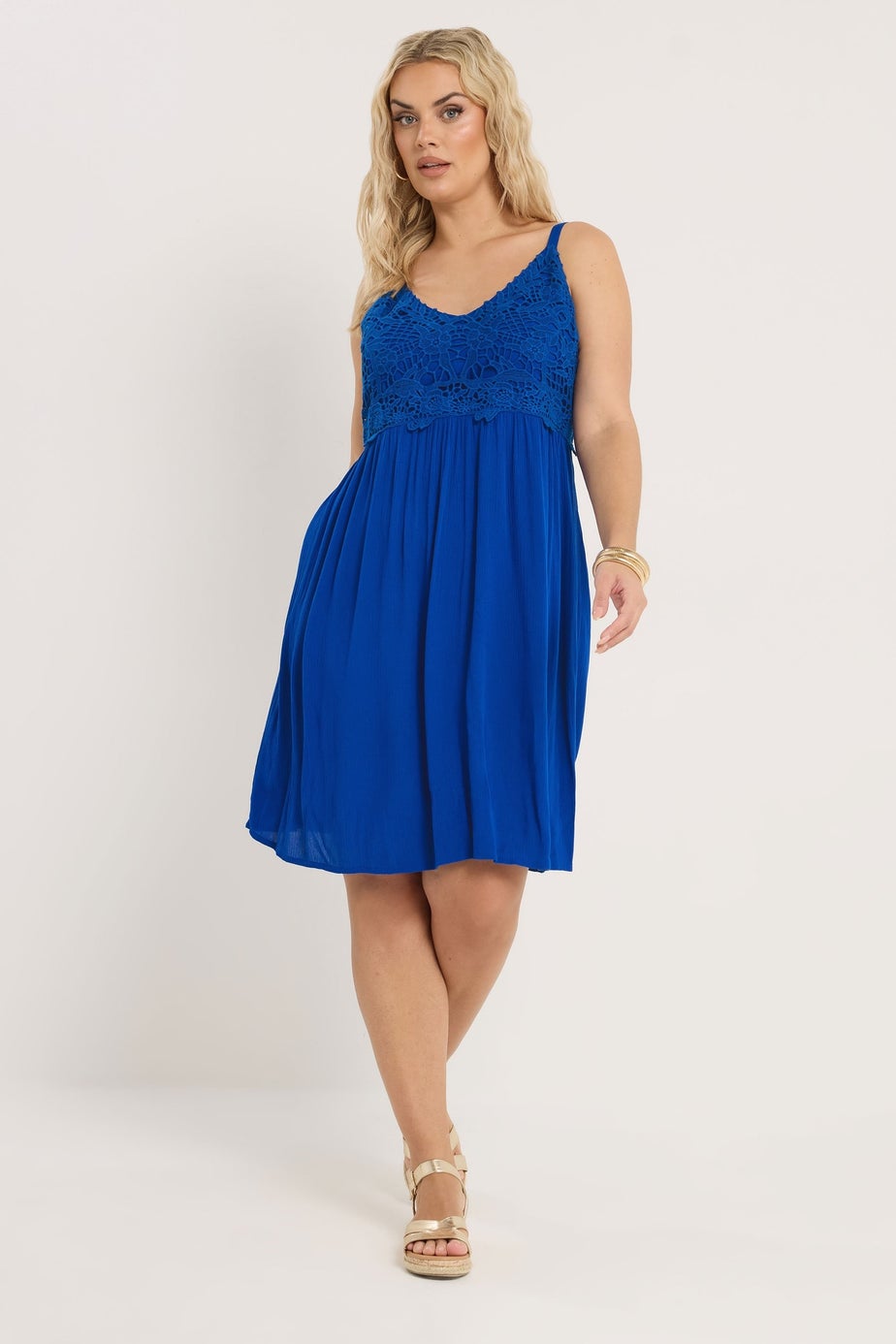 Yours Curve Cobalt Blue Crochet Crinkle Mini Dress