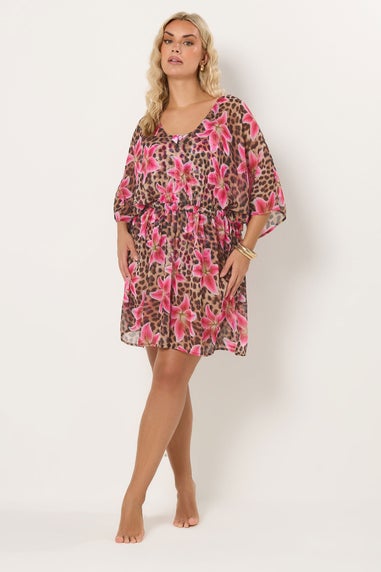 Yours Curve Brown Floral Leopard Chiffon Kimono