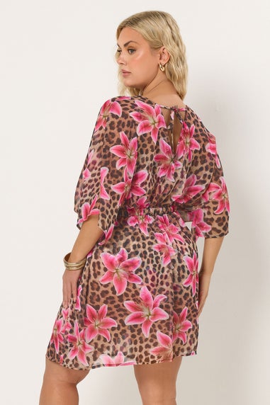 Yours Curve Brown Floral Leopard Chiffon Kimono