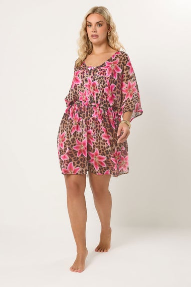 Yours Curve Brown Floral Leopard Chiffon Kimono