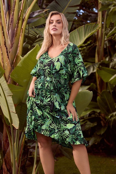 Yours Curve Black Palm Leaf Crinkle Beach Dress