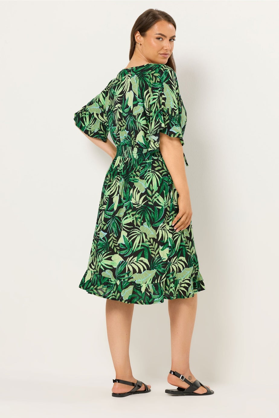 Yours Curve Black Palm Leaf Crinkle Beach Dress