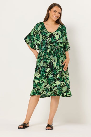 Yours Curve Black Palm Leaf Crinkle Beach Dress