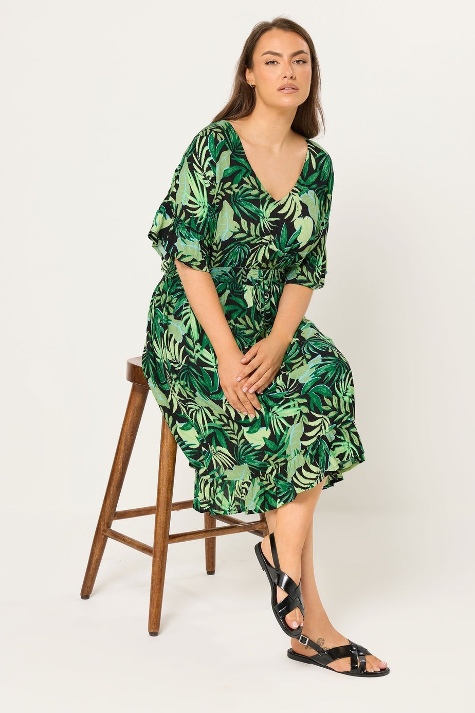 Yours Curve Black Palm Leaf Crinkle Beach Dress