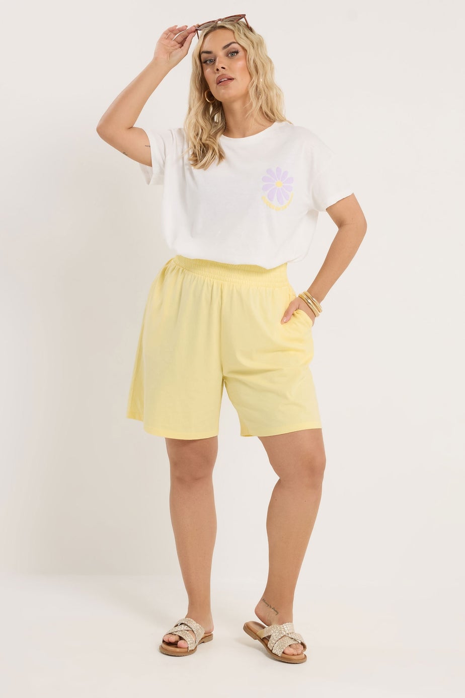 Yours Curve Yellow Shirred Shorts