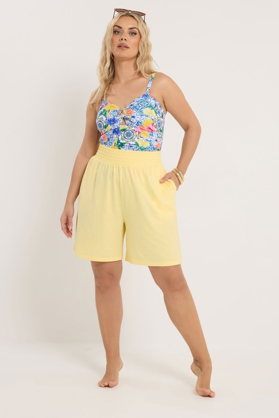 Yours Curve Yellow Shirred Shorts