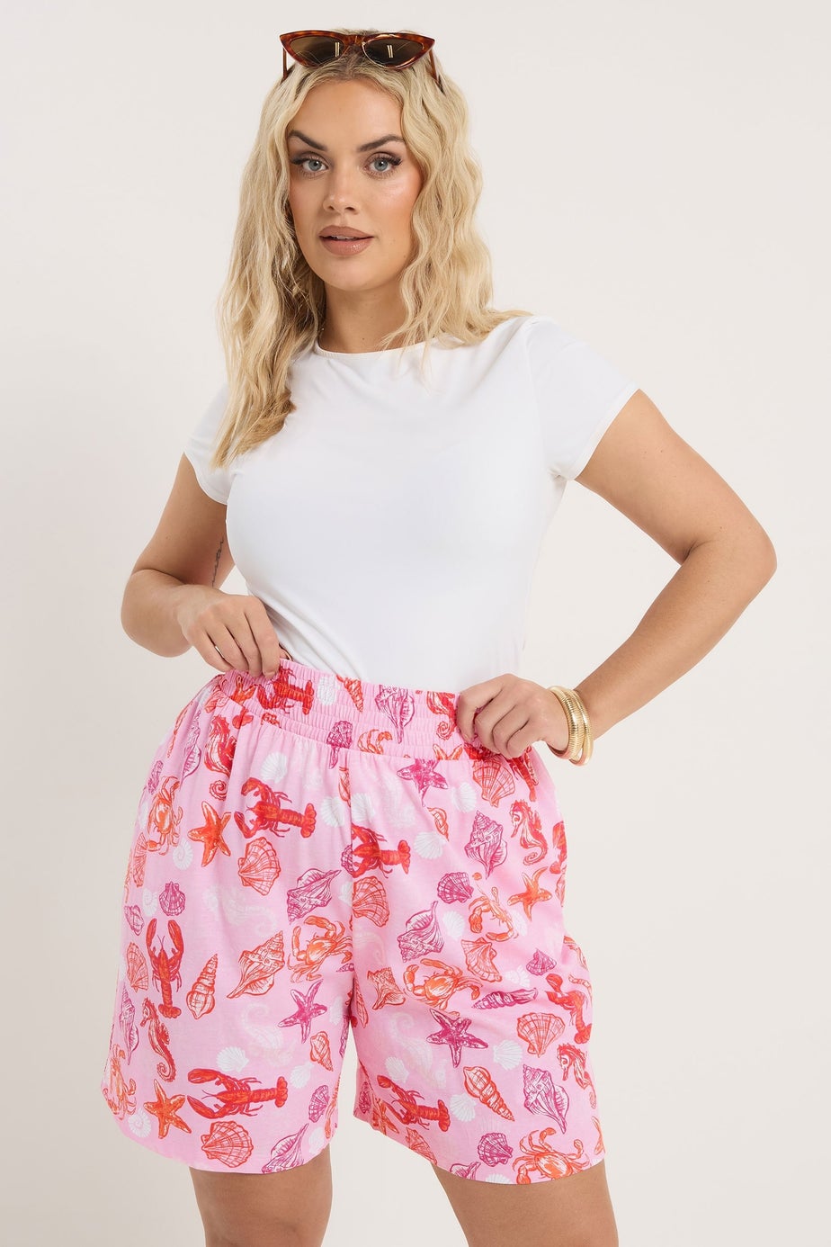 Yours Curve Pink Mixed Shell Shirred Shorts