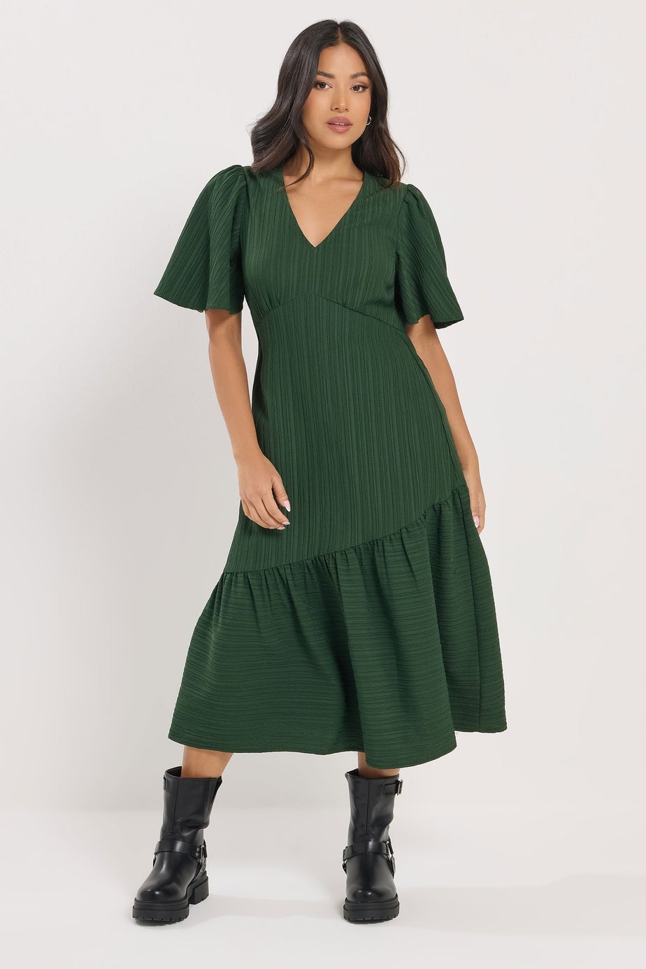 PixieGirl Petite Dark Green Crinkle Tiered Midi Dress