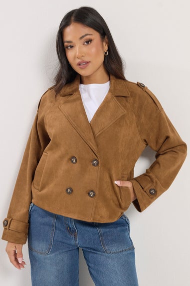 PixieGirl Petite Brown Faux Suede Cropped Trench Coat