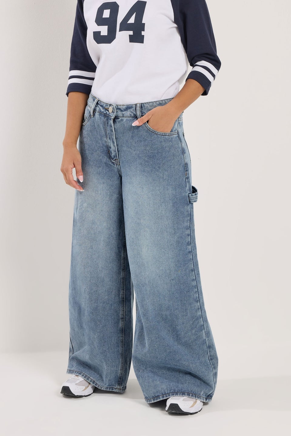 PixieGirl Petite Mid Blue Carpenter Wide Leg Jeans