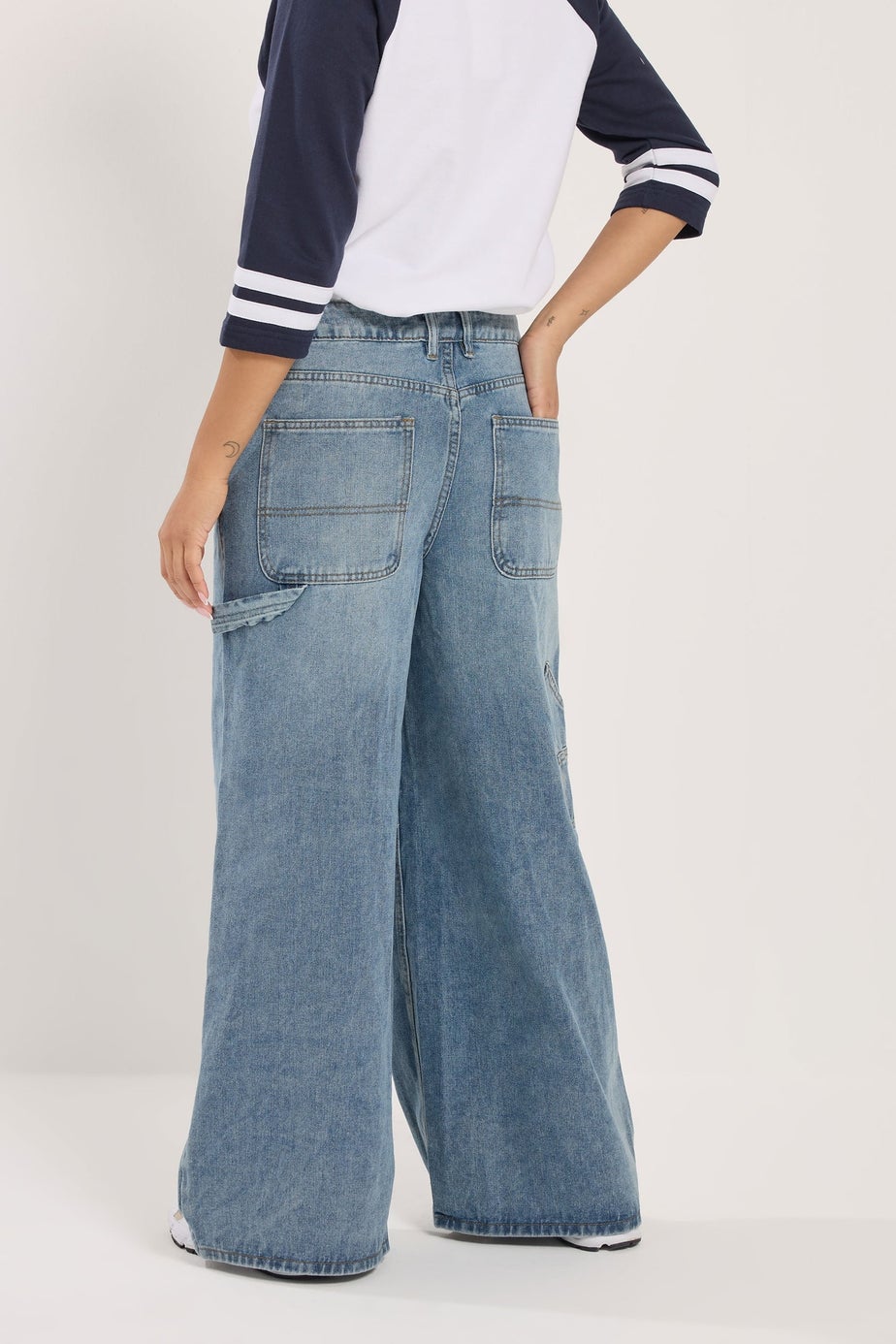 PixieGirl Petite Mid Blue Carpenter Wide Leg Jeans
