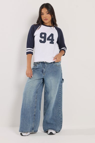 PixieGirl Petite Mid Blue Carpenter Wide Leg Jeans