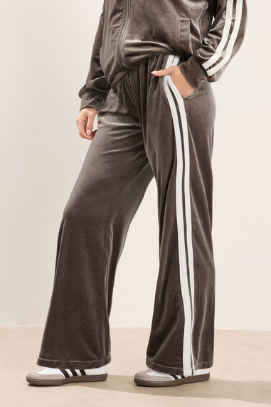PixieGirl Petite Brown Side Stripe Velvet Wide Leg Trousers