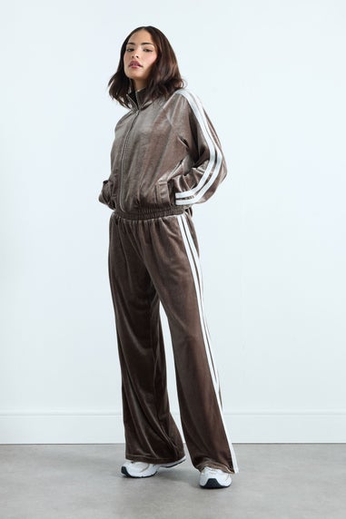 PixieGirl Petite Brown Side Stripe Velvet Wide Leg Trousers