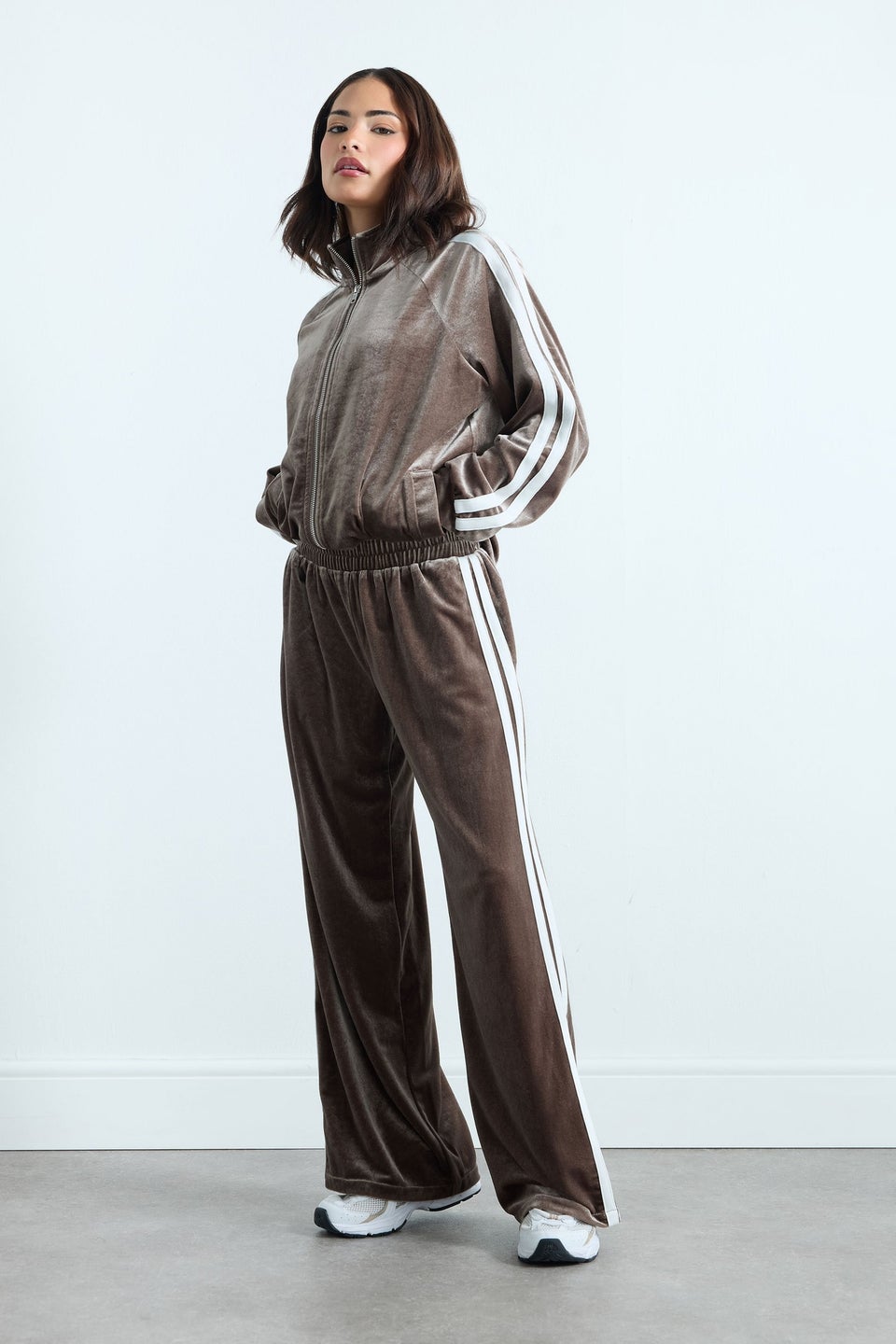 PixieGirl Petite Brown Side Stripe Velvet Wide Leg Trousers