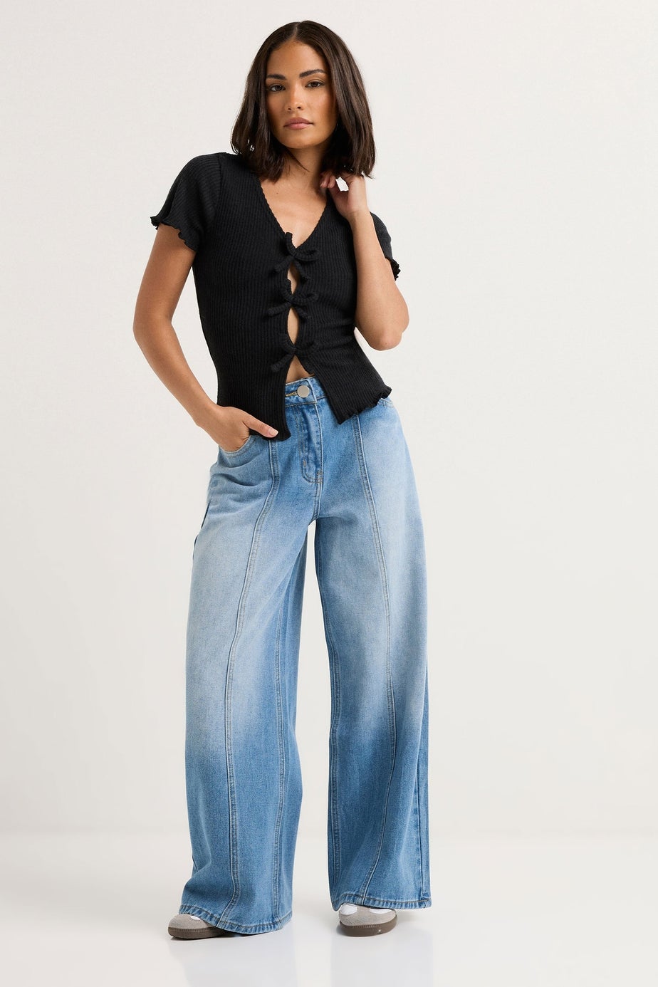 PixieGirl Petite Black Soft Touch Bow Front Top