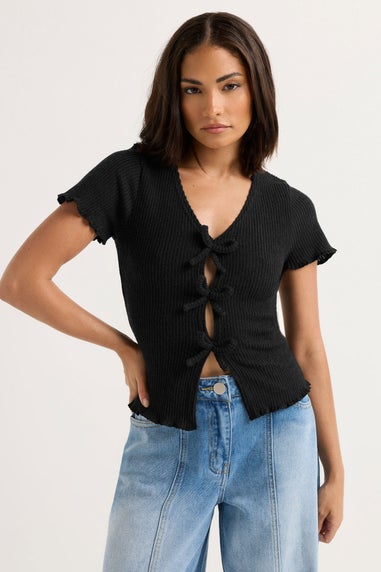 PixieGirl Petite Black Soft Touch Bow Front Top
