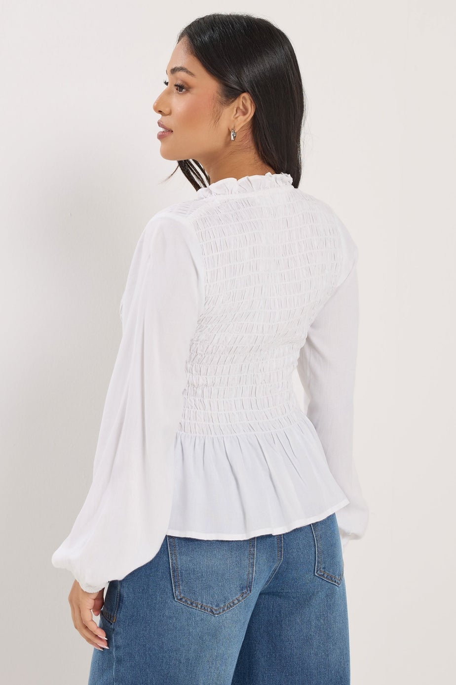 PixieGirl Petite White Shirred Long Sleeve Shirt
