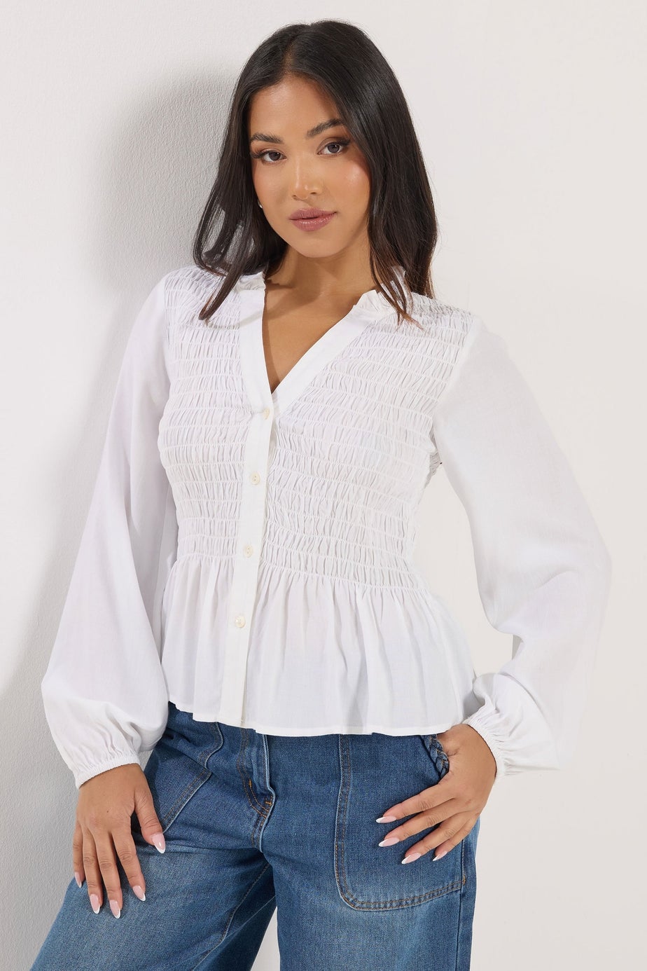 PixieGirl Petite White Shirred Long Sleeve Shirt