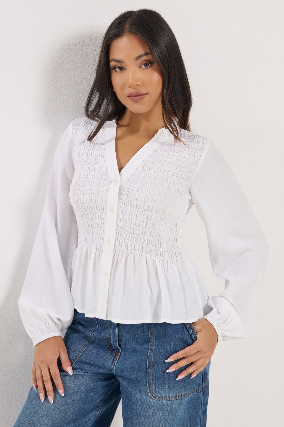 PixieGirl Petite White Shirred Long Sleeve Shirt