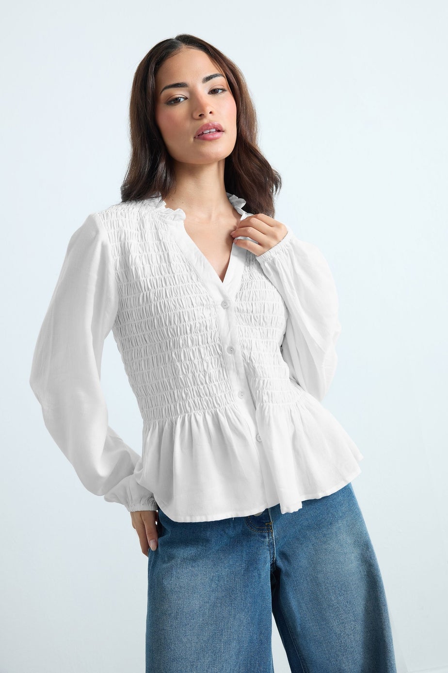 PixieGirl Petite White Shirred Long Sleeve Shirt