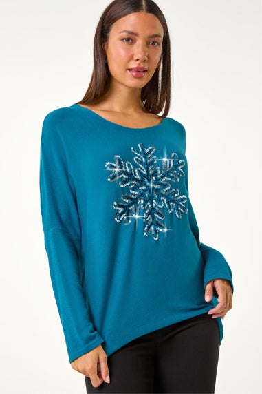 Roman Teal Embellished Snowflake Stretch Top