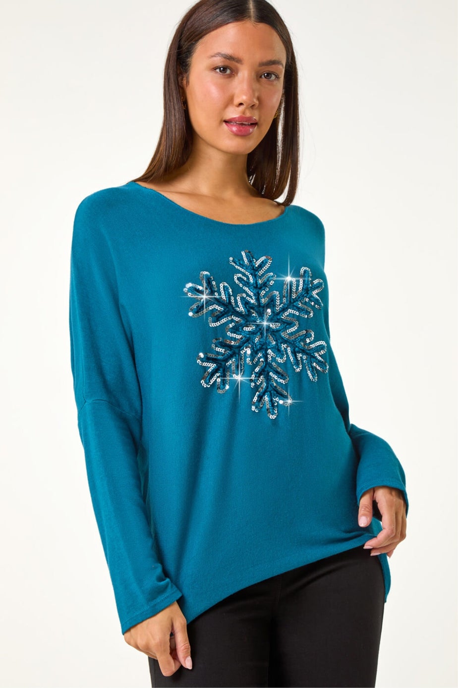 Roman Teal Embellished Snowflake Stretch Top