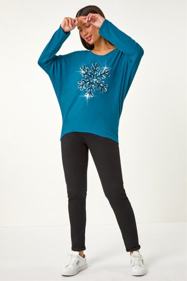 Roman Teal Embellished Snowflake Stretch Top