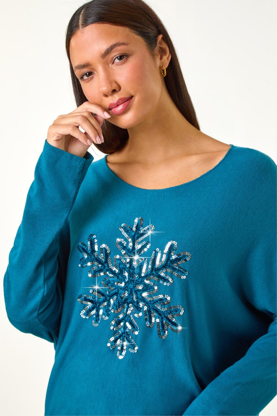 Roman Teal Embellished Snowflake Stretch Top