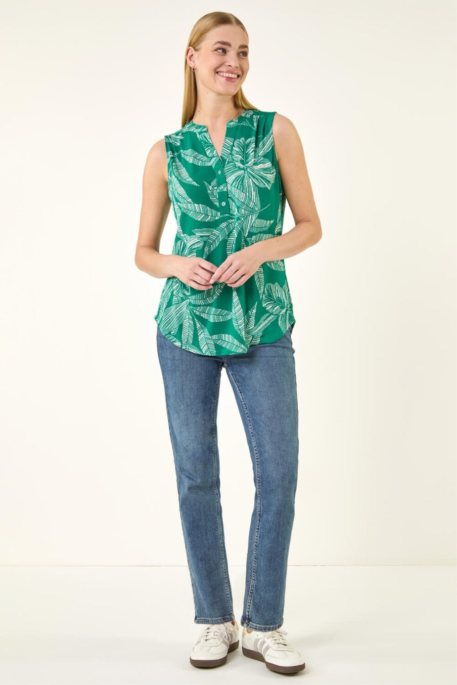 Roman Green Floral Puff Print Stretch Vest Top