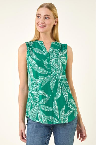 Roman Green Floral Puff Print Stretch Vest Top