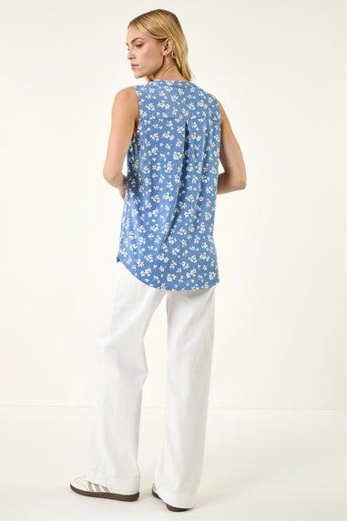 Roman Blue Floral Puff Print Vest Top