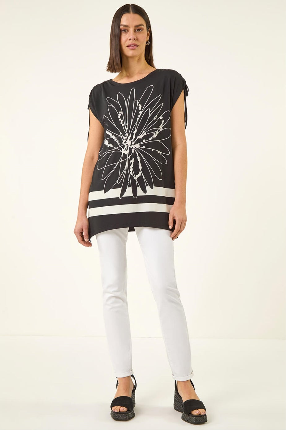 Roman Black Floral Print Stretch Tunic Top