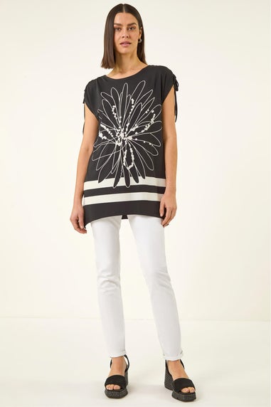 Roman Black Floral Print Stretch Tunic Top