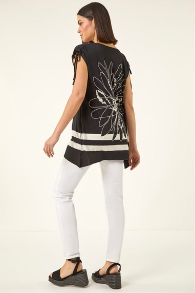 Roman Black Floral Print Stretch Tunic Top