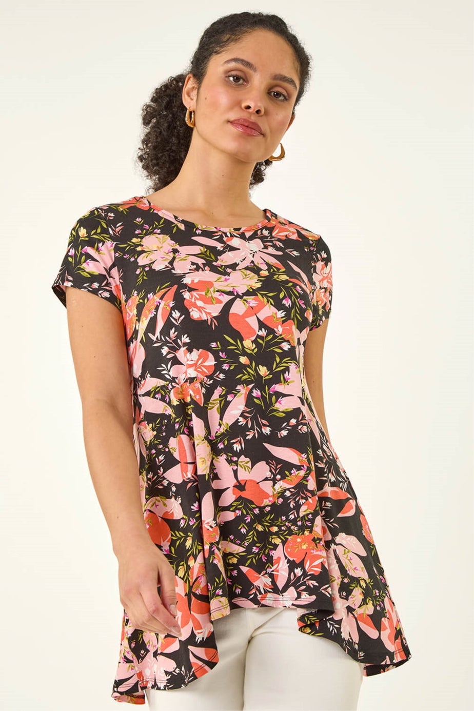 Roman Black Floral Print Hanky Hem Top