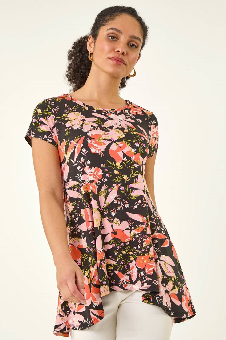 Roman Black Floral Print Hanky Hem Top