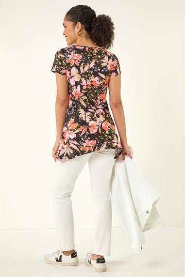 Roman Black Floral Print Hanky Hem Top
