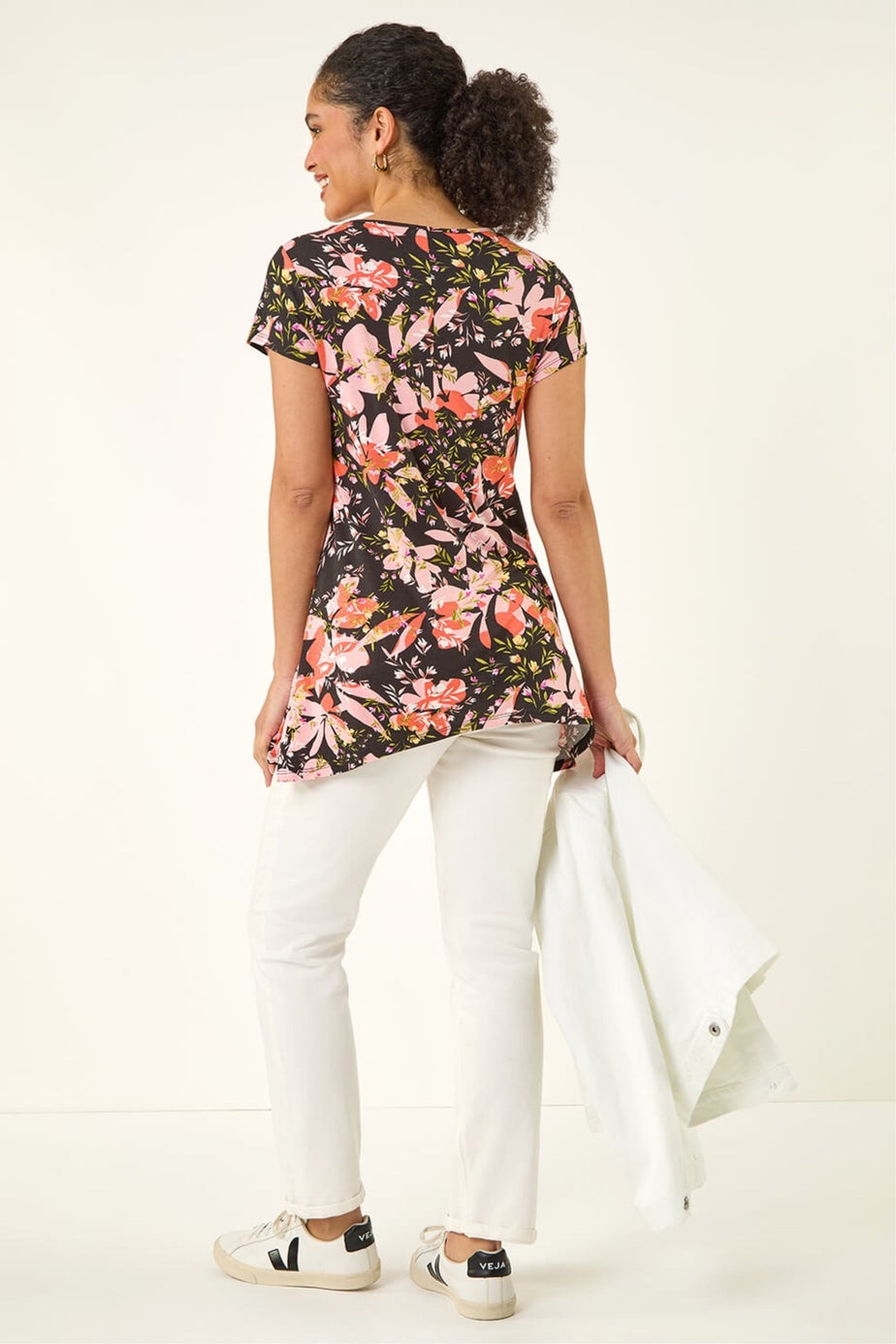 Roman Black Floral Print Hanky Hem Top