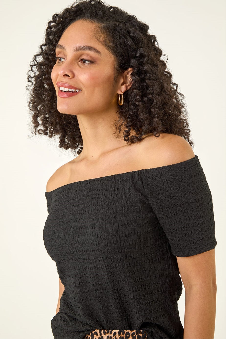 Roman Black Textured Bardot Stretch Top