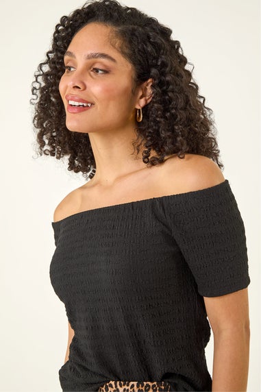 Roman Black Textured Bardot Stretch Top