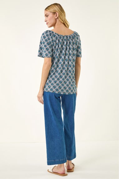 Roman Blue Abstract Print V-Neck Stretch Top
