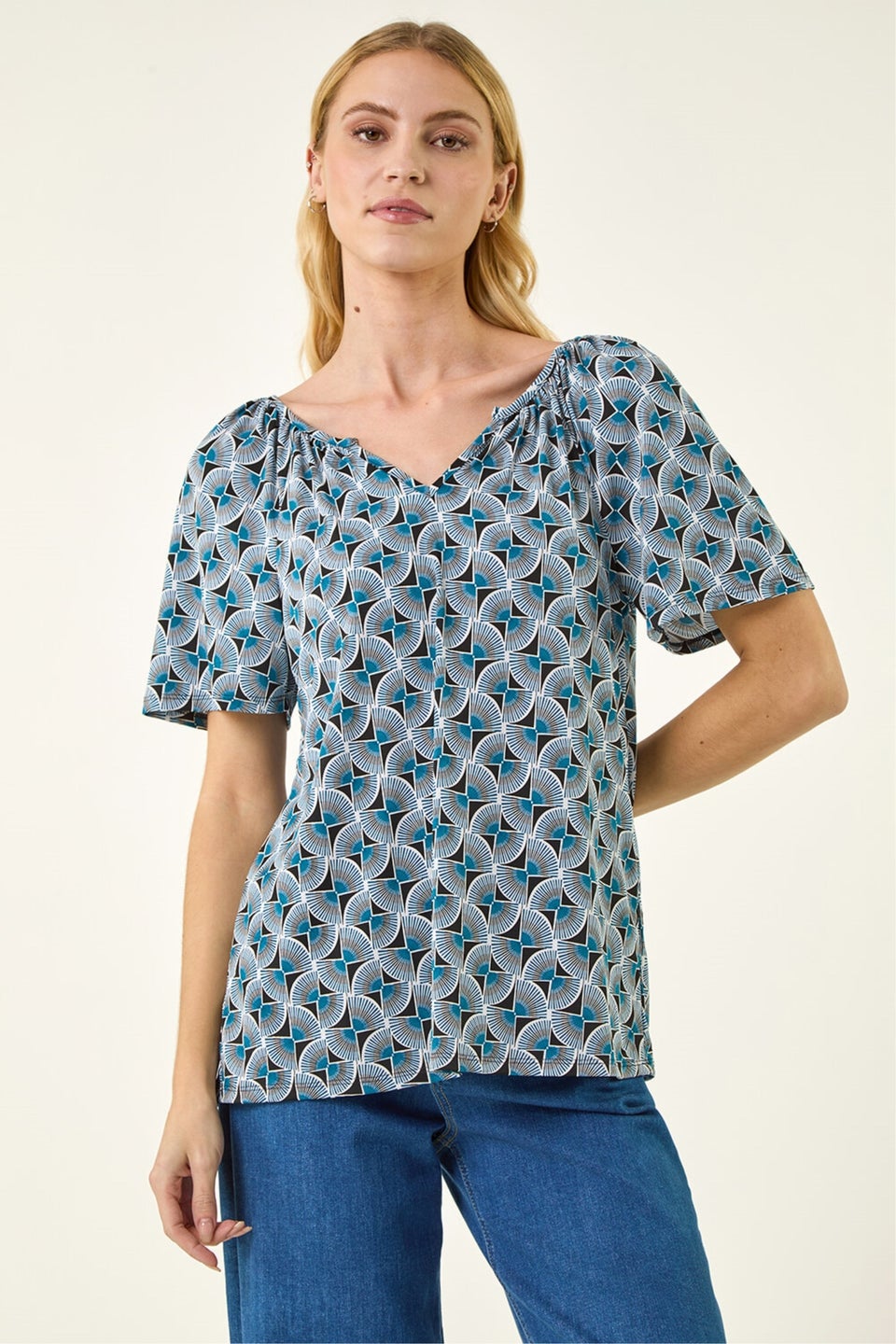 Roman Blue Abstract Print V-Neck Stretch Top