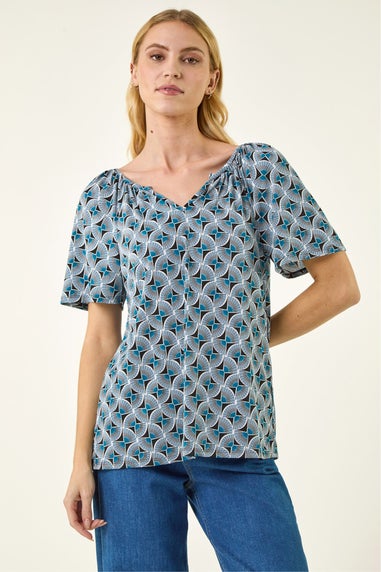 Roman Blue Abstract Print V-Neck Stretch Top