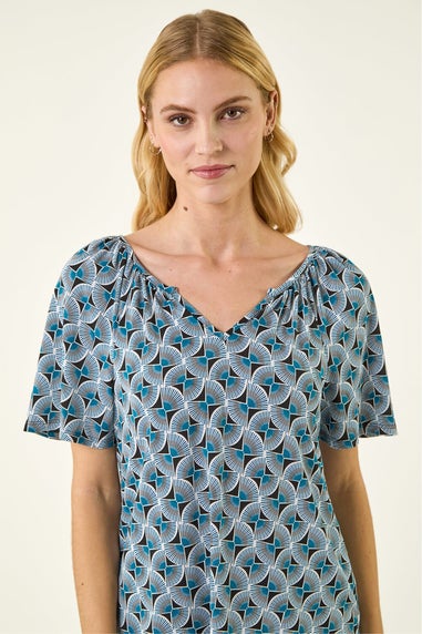 Roman Blue Abstract Print V-Neck Stretch Top